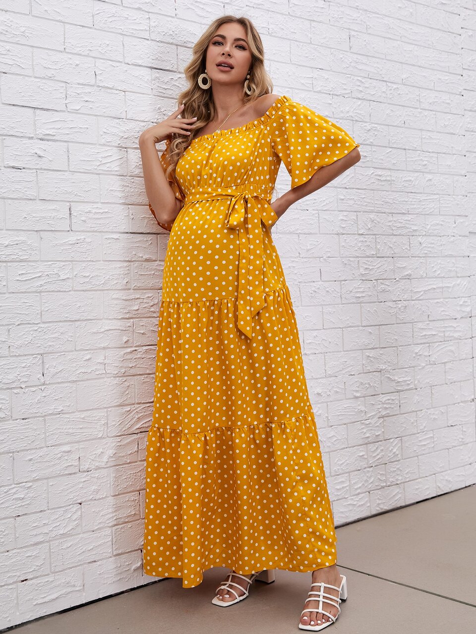 Maternity Polka Dot Off Shoulder Ruffle Hem Belted Dress