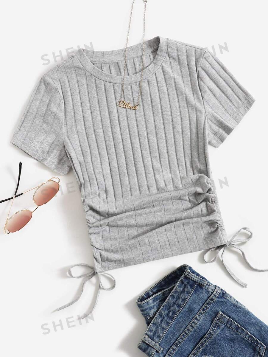 SHEIN EZwear Camiseta tejida de canalé con fruncido lateral con cordón - Gris Claro - Ver 1