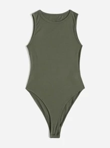 SHEIN EZwear Solid Skinny Bodysuit - Army Green - View 3