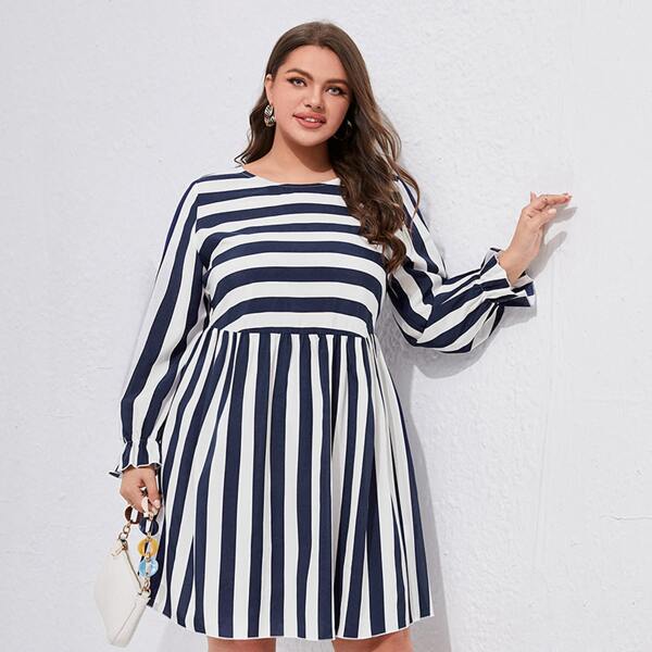 

Plus Striped Print Flounce Sleeve Dress, Blue and white
