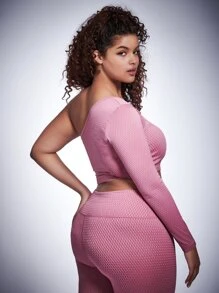SHEIN Plus One Shoulder Sports Top - Baby Pink - View 2