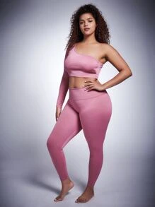 SHEIN Plus One Shoulder Sports Top - Baby Pink - View 1
