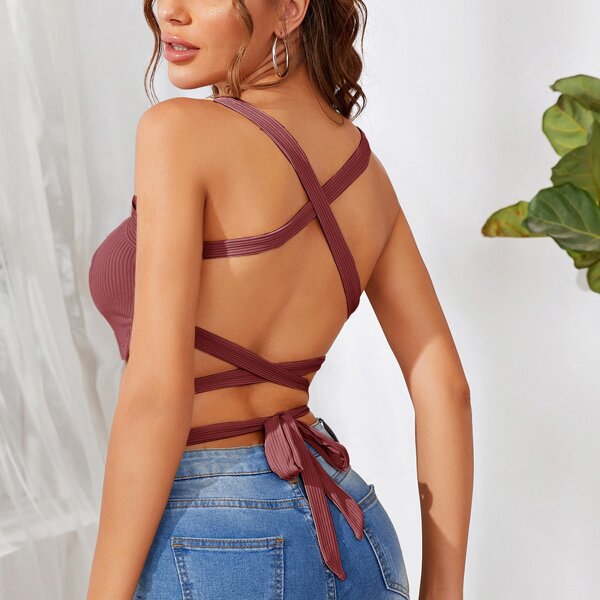 

Crisscross Tie Backless Rib-knit Cami Top, Redwood