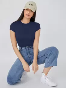 SHEIN BASICS Solid Slim Tee Bodysuit/Summer - Navy Blue - View 6