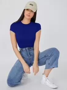 SHEIN BASICS Solid Slim Tee Bodysuit - Royal Blue - View 3
