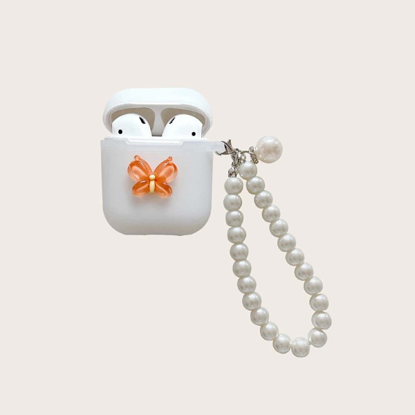 

1шт Чехол для Airpods с бабочкой и ремешком из искусственного жемчуга, Белый