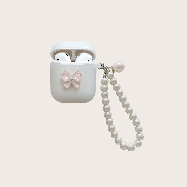 

1шт Чехол для Airpods с бабочкой и ремешком из искусственного жемчуга, Белый