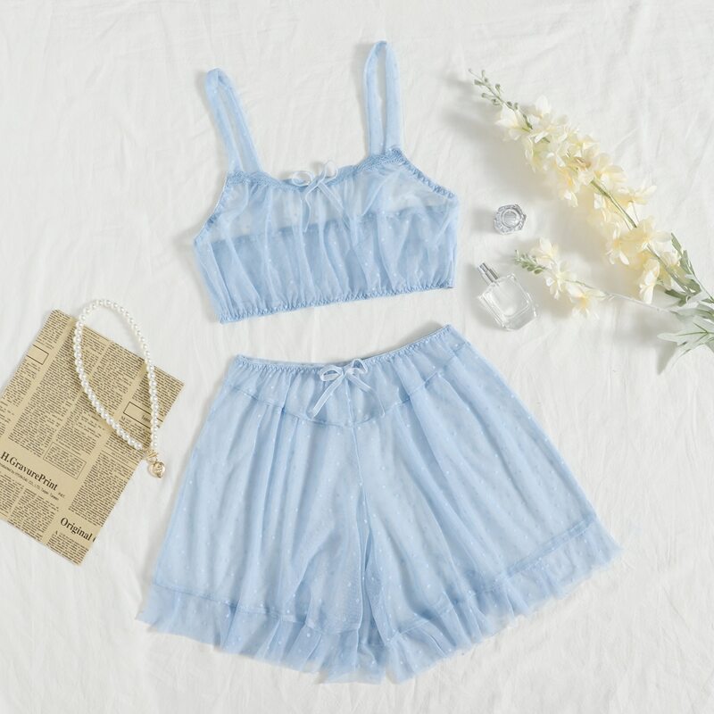 

Dobby Mesh Ruffle Hem Lingerie Set, Baby blue