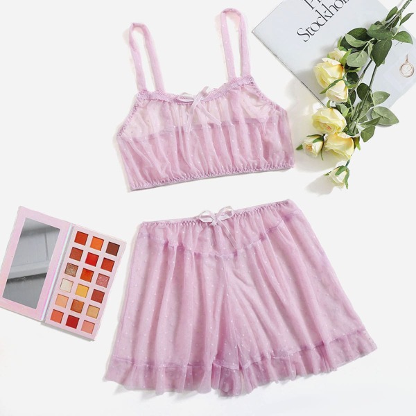 

Dobby Mesh Ruffle Hem Lingerie Set, Baby pink