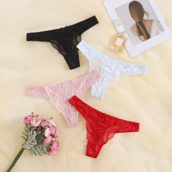 

4pack Contrast Lace Bow Decor Thong Set, Multicolor