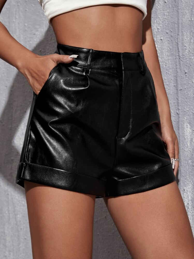 Firerie 高腰反摺褲腳PU皮革短褲 - 黑色 - 查看 3