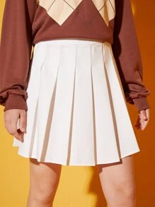 SHEIN 青少年女孩素色高腰百褶半身裙