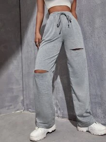 Muchica Marled Knit Ripped Drawstring Waist Joggers - Grey - View 1