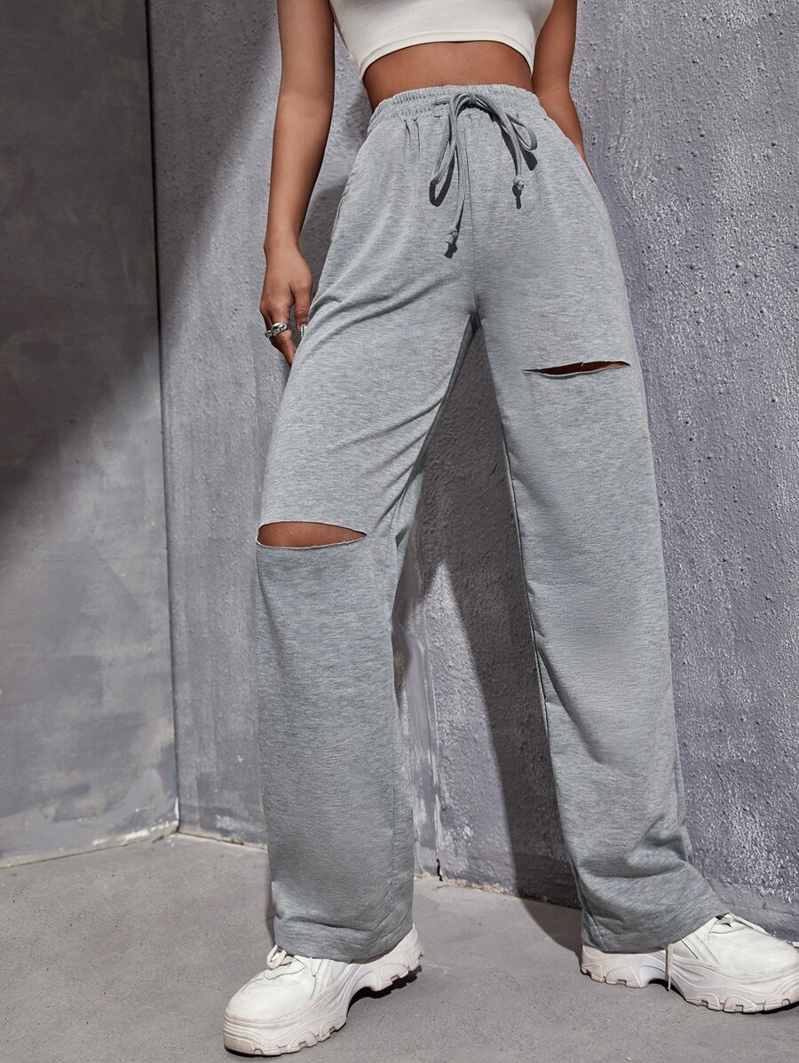 Muchica Marled Knit Ripped Drawstring Waist Joggers - Grey - View 1