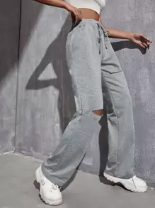 Muchica Marled Knit Ripped Drawstring Waist Joggers - Grey - View 3