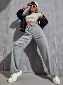 Muchica Marled Knit Ripped Drawstring Waist Joggers - Grey - View 4