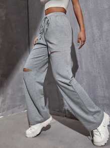 Muchica Marled Knit Ripped Drawstring Waist Joggers - Grey - View 5