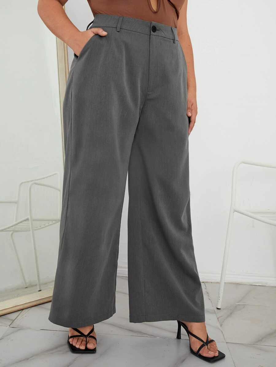 SHEIN Privé 大碼斜口袋闊腿褲 - 灰色 - 查看 1