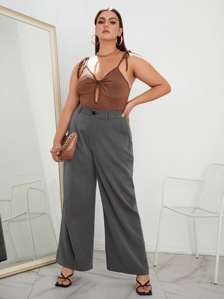 SHEIN Privé Plus Slant Pocket Wide Leg Pants - Grey - View 3