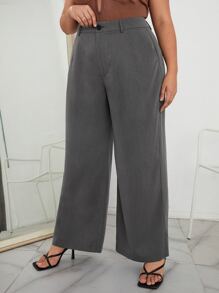 SHEIN Privé 大碼斜口袋闊腿褲 - 灰色 - 查看 4