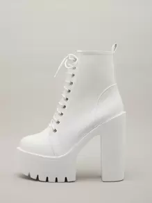 女士棕色时尚流行欧美高跟靴，粗跟靴，黑色高跟鞋，秋冬季防水厚底靴，女靴，毛绒靴 - 白色 - 查看 2