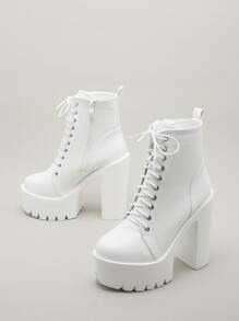 女士棕色时尚流行欧美高跟靴，粗跟靴，黑色高跟鞋，秋冬季防水厚底靴，女靴，毛绒靴 - 白色 - 查看 3