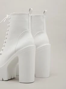 女士棕色时尚流行欧美高跟靴，粗跟靴，黑色高跟鞋，秋冬季防水厚底靴，女靴，毛绒靴 - 白色 - 查看 4