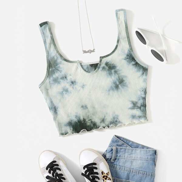 

Tie Dye Lettuce Trim Rib-knit Crop Tank Top, Multicolor