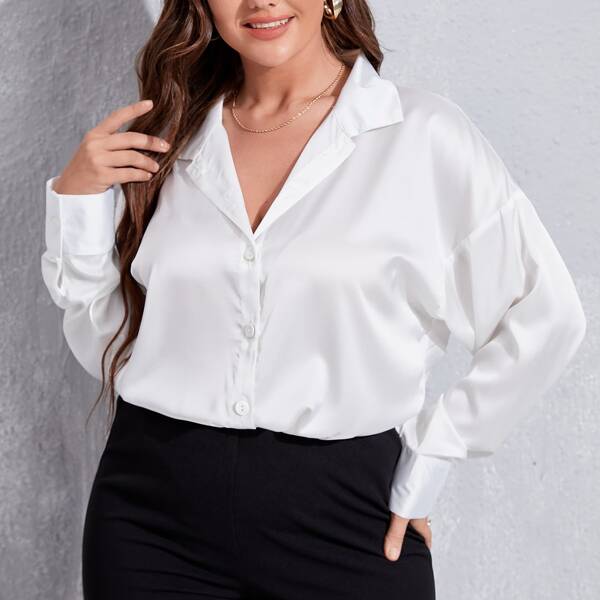 

Plus Solid Button Up Blouse, White