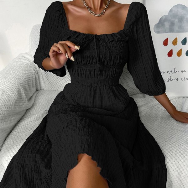 

Tie Front Ruffle Trim Flounce Hem Dress, Black