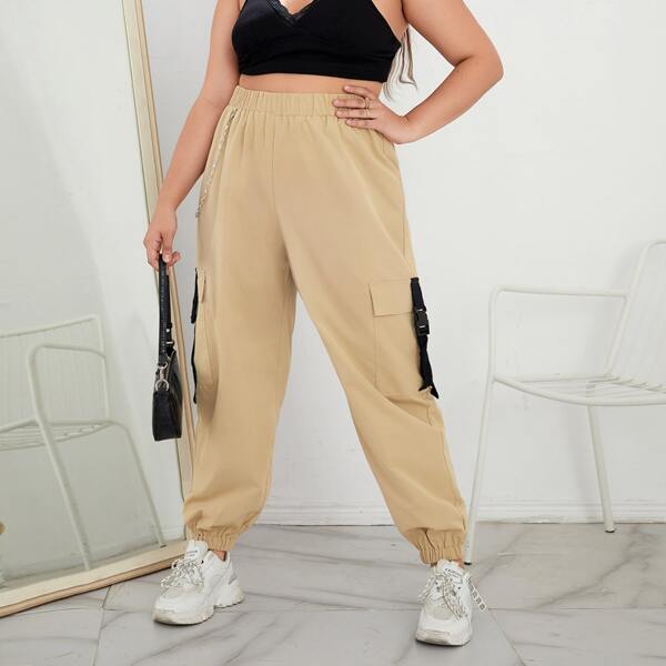 

Plus Flap Pocket Chain Detail Cargo Pants, Khaki