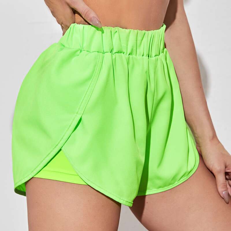 

Elastic Waist 2 In 1 Dolphin Sports Shorts, Lime green
