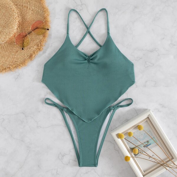 

Rib Hanky Hem Thong Bikini Swimsuit, Army green