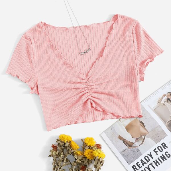 

Ruched Detail Lettuce Trim Tee, Baby pink