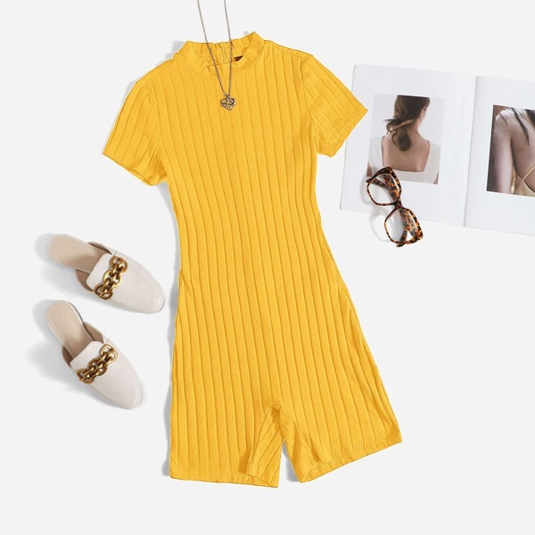 

Mock Neck Rib-knit Unitard Romper, Yellow