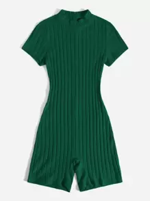 Muchica Mock Neck Rib-knit Unitard Romper - Dark Green - View 3