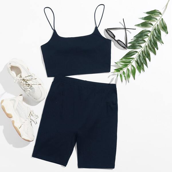 

Solid Cami Top & Biker Shorts Set, Navy blue