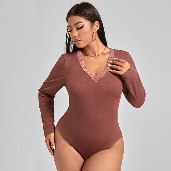 

Plus Lace Trim Rib-knit Bodysuit, Redwood