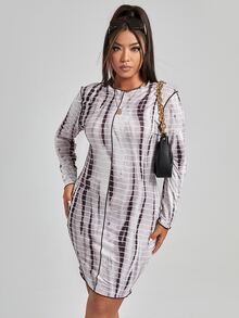 Plus Striped Tie Dye Top-stitching Bodycon Dress - Mocha Brown - View 3