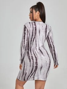 Plus Striped Tie Dye Top-stitching Bodycon Dress - Mocha Brown - View 2
