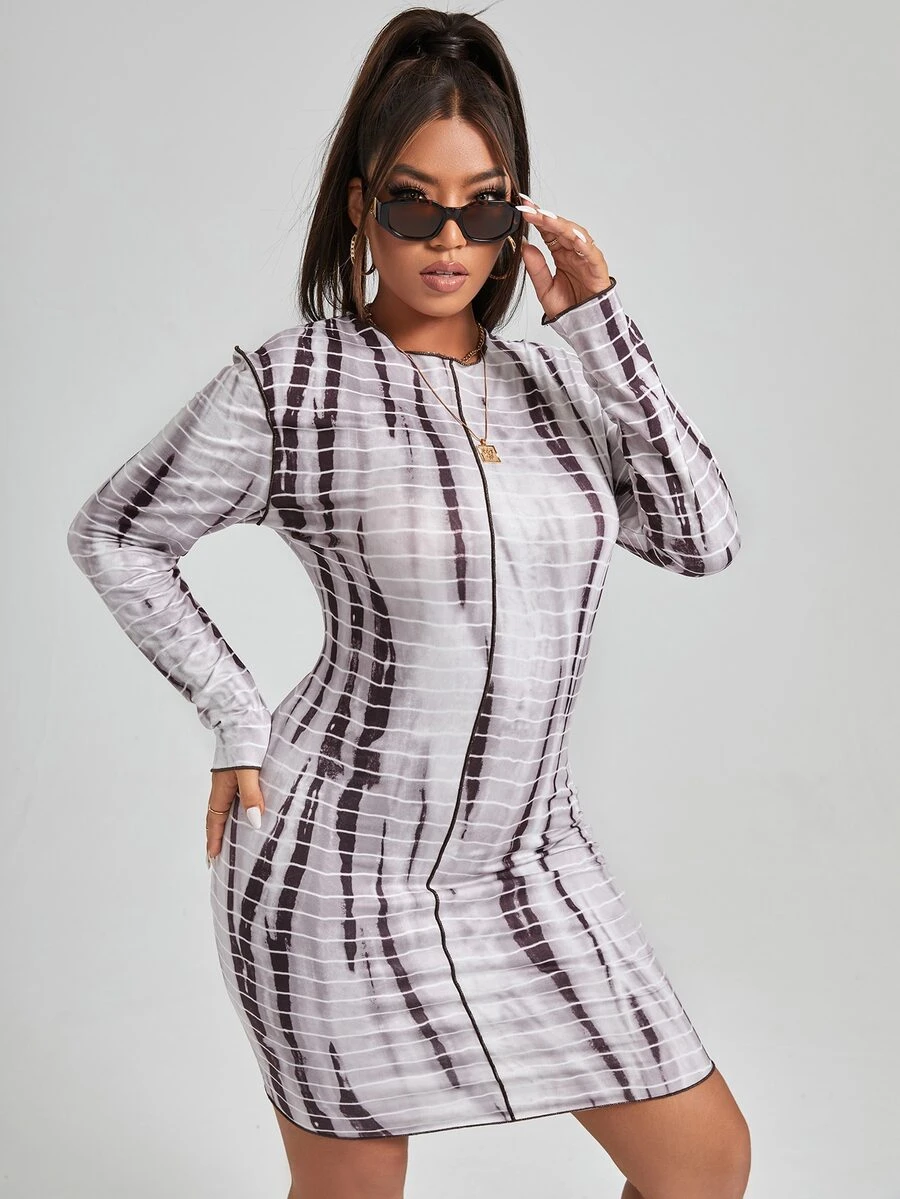 Plus Striped Tie Dye Top-stitching Bodycon Dress - Mocha Brown - View 1