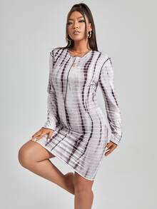 Plus Striped Tie Dye Top-stitching Bodycon Dress - Mocha Brown - View 4