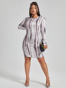 Plus Striped Tie Dye Top-stitching Bodycon Dress - Mocha Brown - View 5