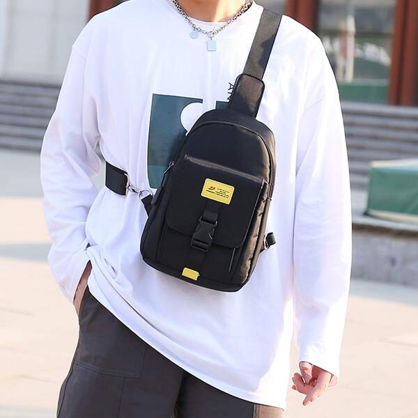 

Men Letter Patch Sling Bag, Black