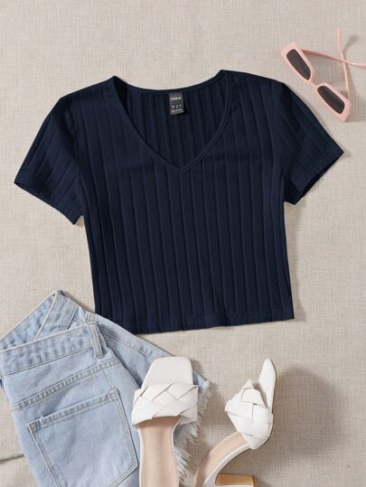 SHEIN Essnce V-neck Rib-knit Tee