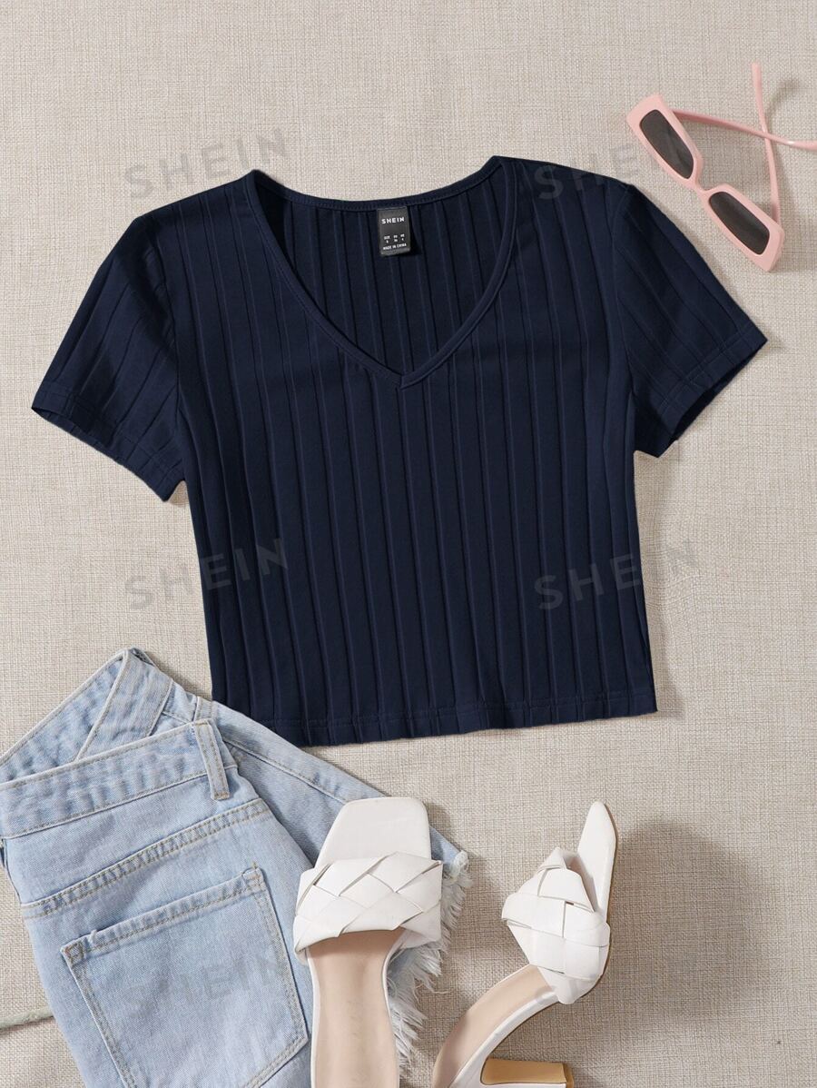 SHEIN Essnce Rippenstrick T-Shirt mit V-Kragen - marineblau - Übersicht 1