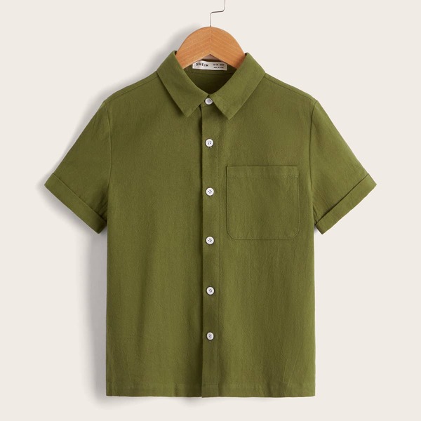 

Boys Pocket Front Roll Up Sleeve Shirt, Olive green