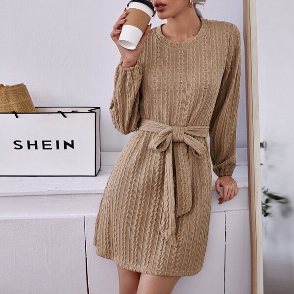 

Textured Pattern Belted Dress, Khaki