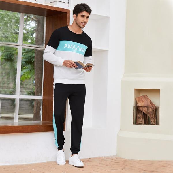 

Men Colorblock Letter Graphic Pullover & Contrast Side Seam Sweatpants, Multicolor
