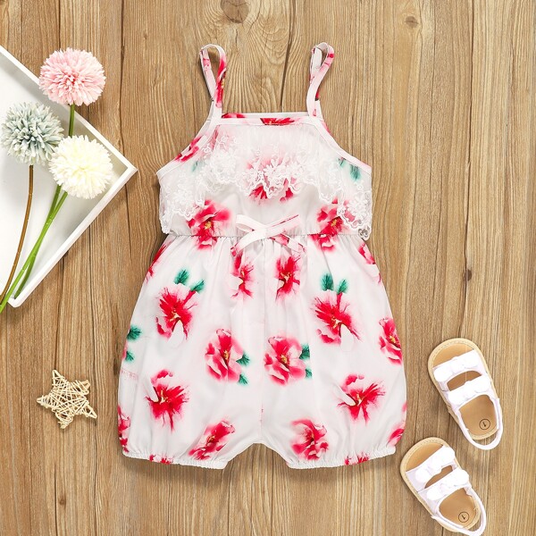 

Baby Floral Contrast Lace Cami Romper, Multicolor